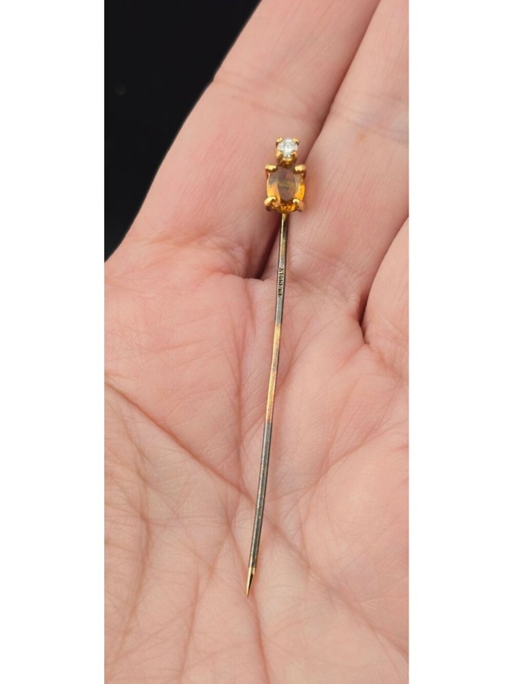 Vintage Sterling Silver Stick Pin With Citrine And Rhinestone 2.25" - Picture 2 of 8